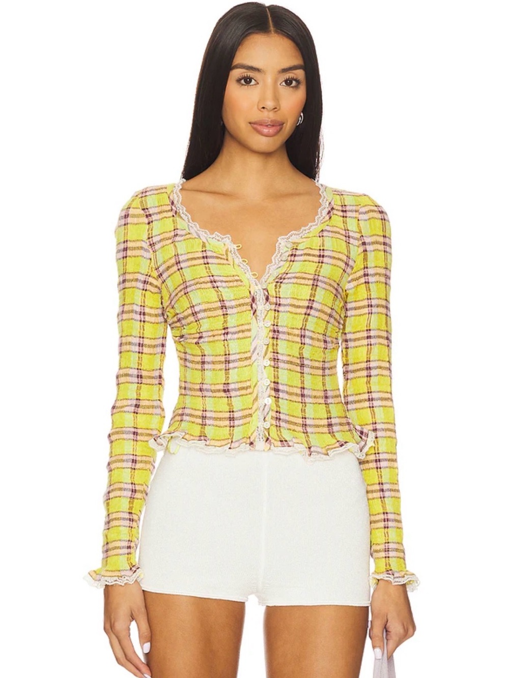Free People Avocado Green Plaid Smocked Crop Top w/ Lace Trim | Size XS NWT